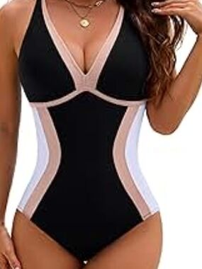 Black and Nude Colorblock One-Piece Swimsuit - Women Swim